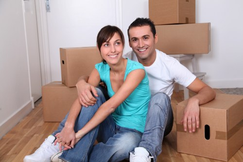 Packed office boxes and labeled business equipment